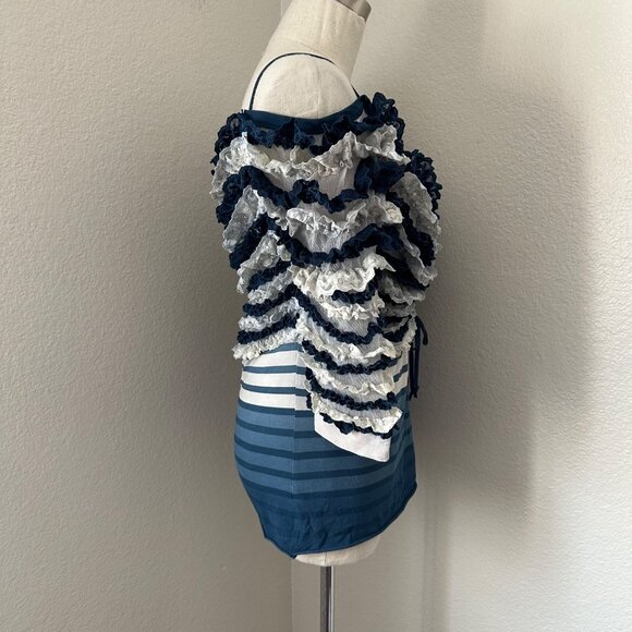 Jean Paul Gaultier Ruffled Blue & White Striped Lace Top Spaghetti Straps Sz S - Picture 3 of 16